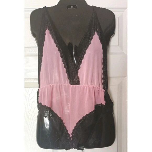 Pink Sheer Mesh Teddy Bodysuit Romper Size XL Black Lace Trim Adjustable Straps - Picture 1 of 7